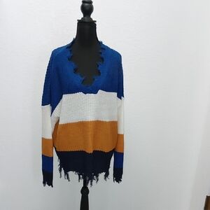 Frayed Hem V-Neck Sweater in Blue, White, and Orange